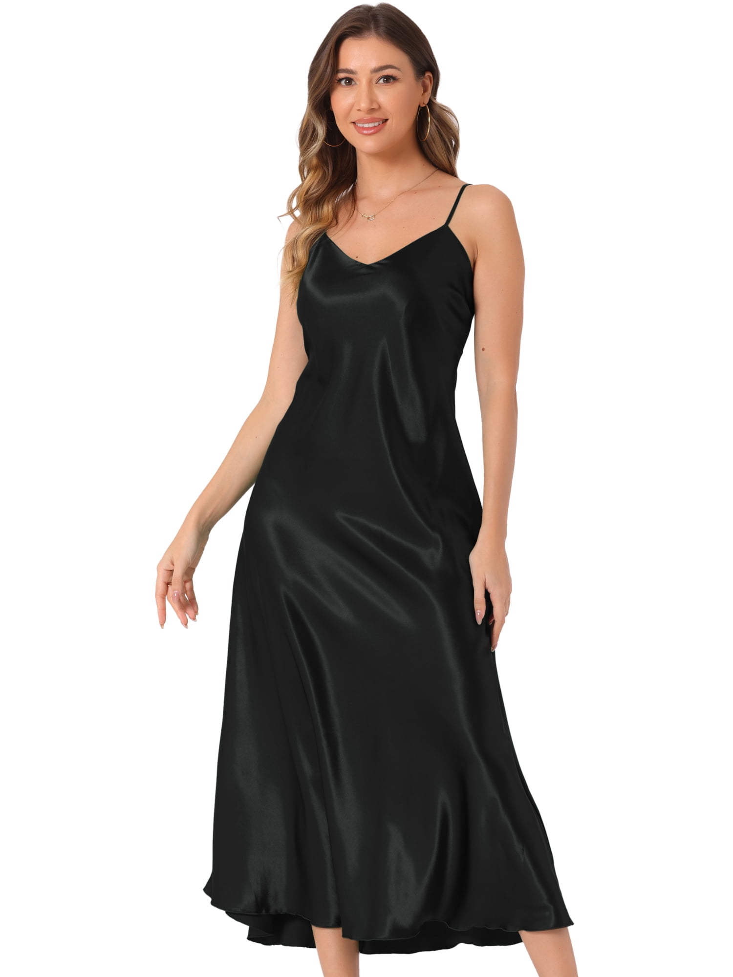 DARING DIVA Satin V Neck Spaghetti Strap Silky Maxi Dress 2XL Black