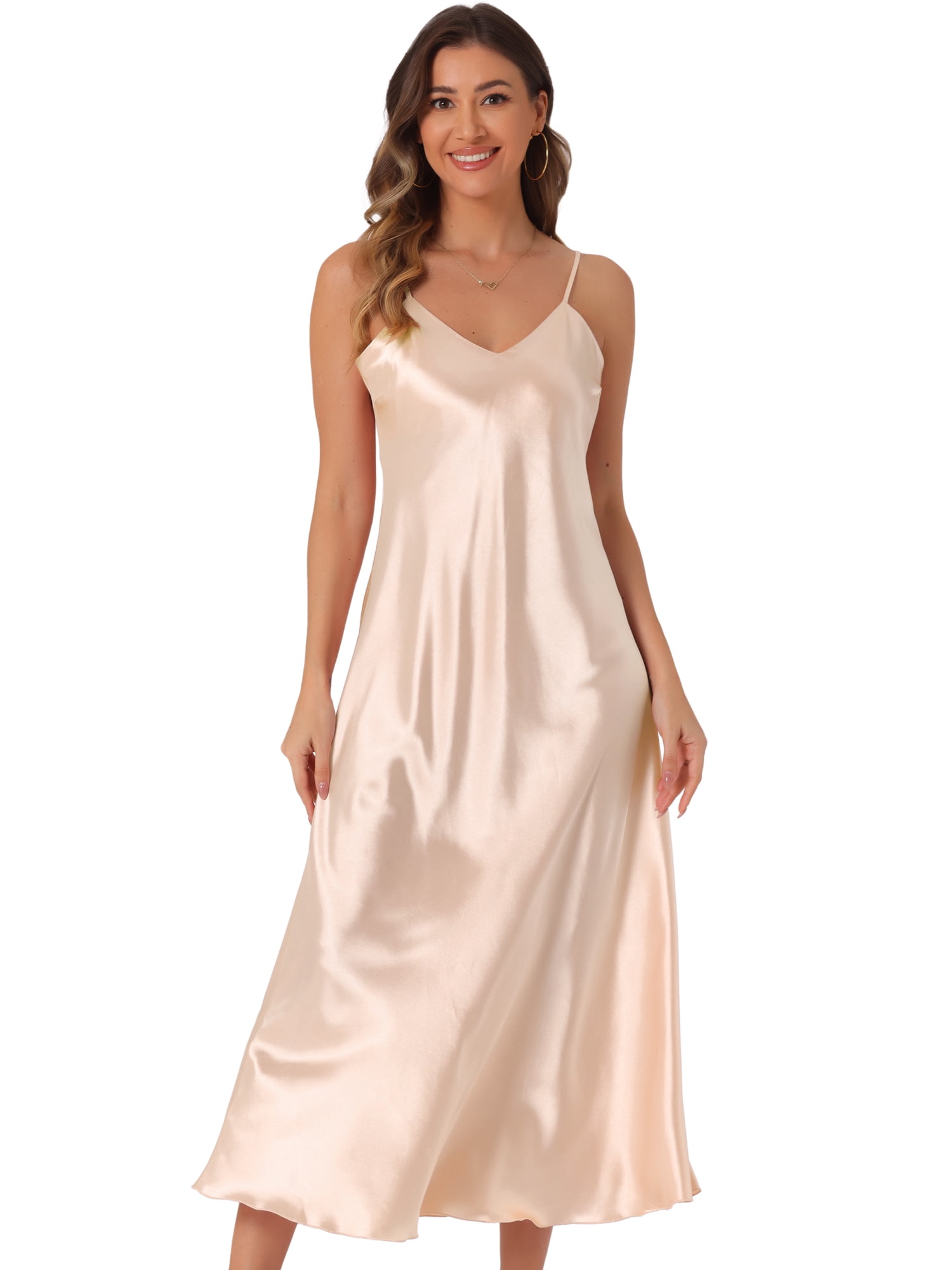 DARING DIVA Satin V Neck Spaghetti Strap Silky Maxi Dress 2XL Champagne