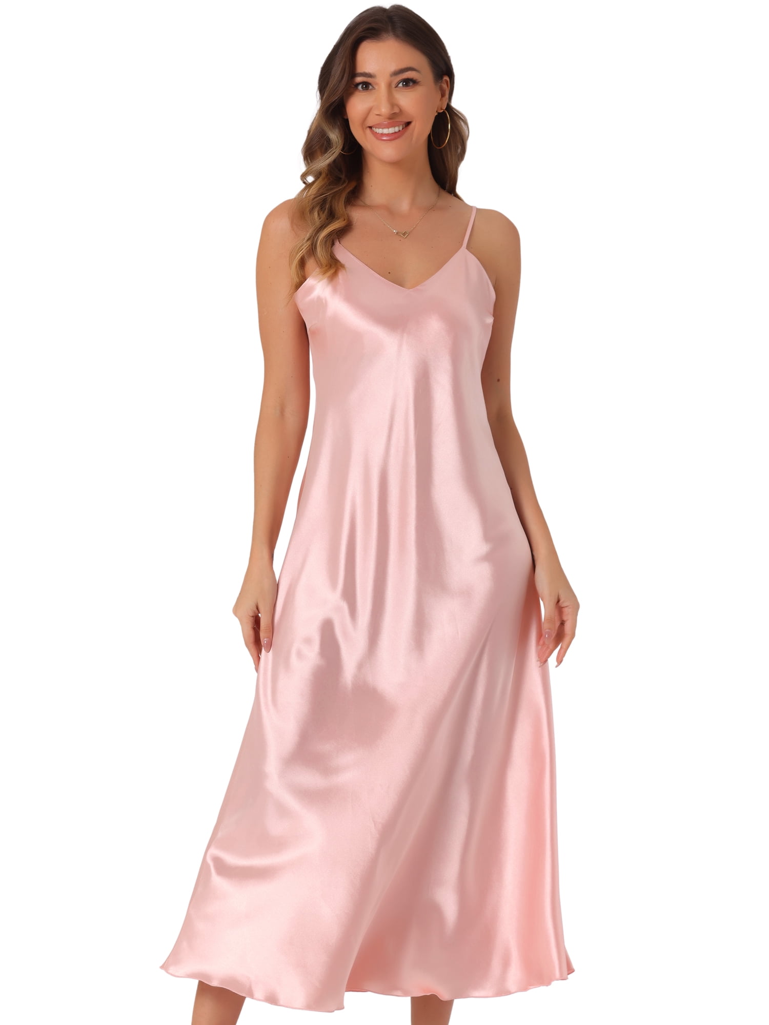 DARING DIVA Satin V Neck Spaghetti Strap Silky Maxi Dress 2XL Pink
