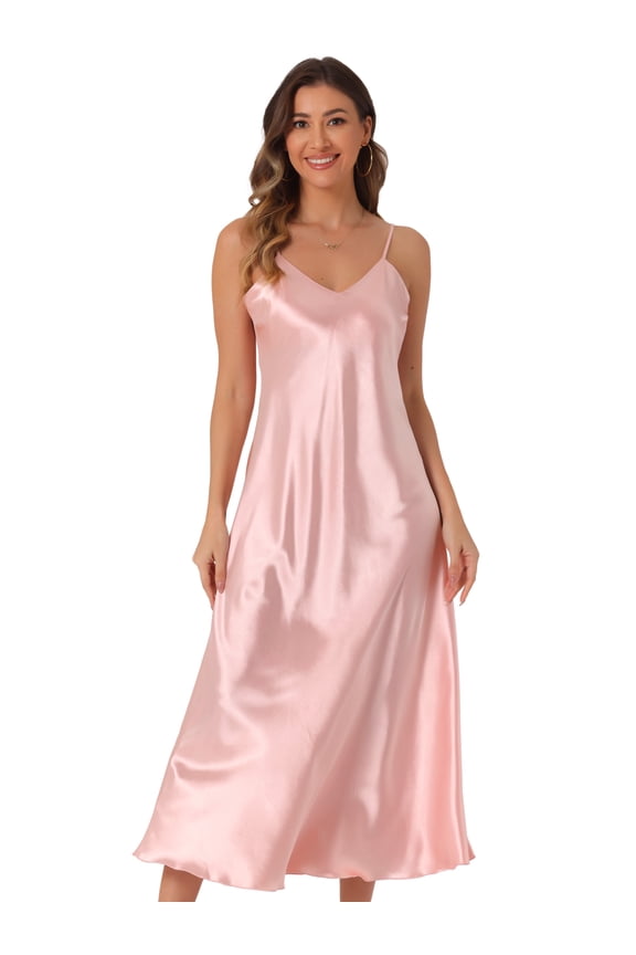 Satin V Neck Spaghetti Strap Silky Maxi Dress 2XL Pink