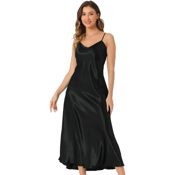 DARING DIVA Satin V Neck Spaghetti Strap Silky Maxi Dress M Black