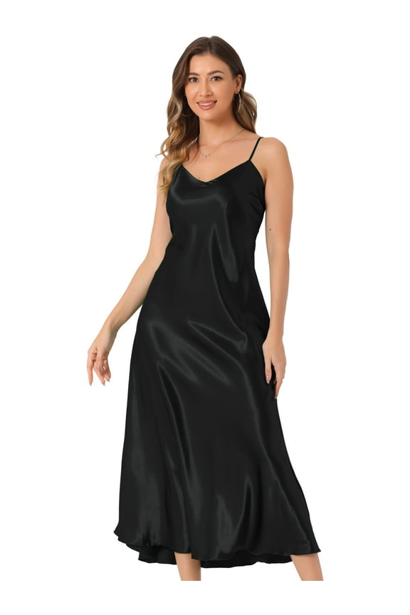 Satin V Neck Spaghetti Strap Silky Maxi Dress S Black