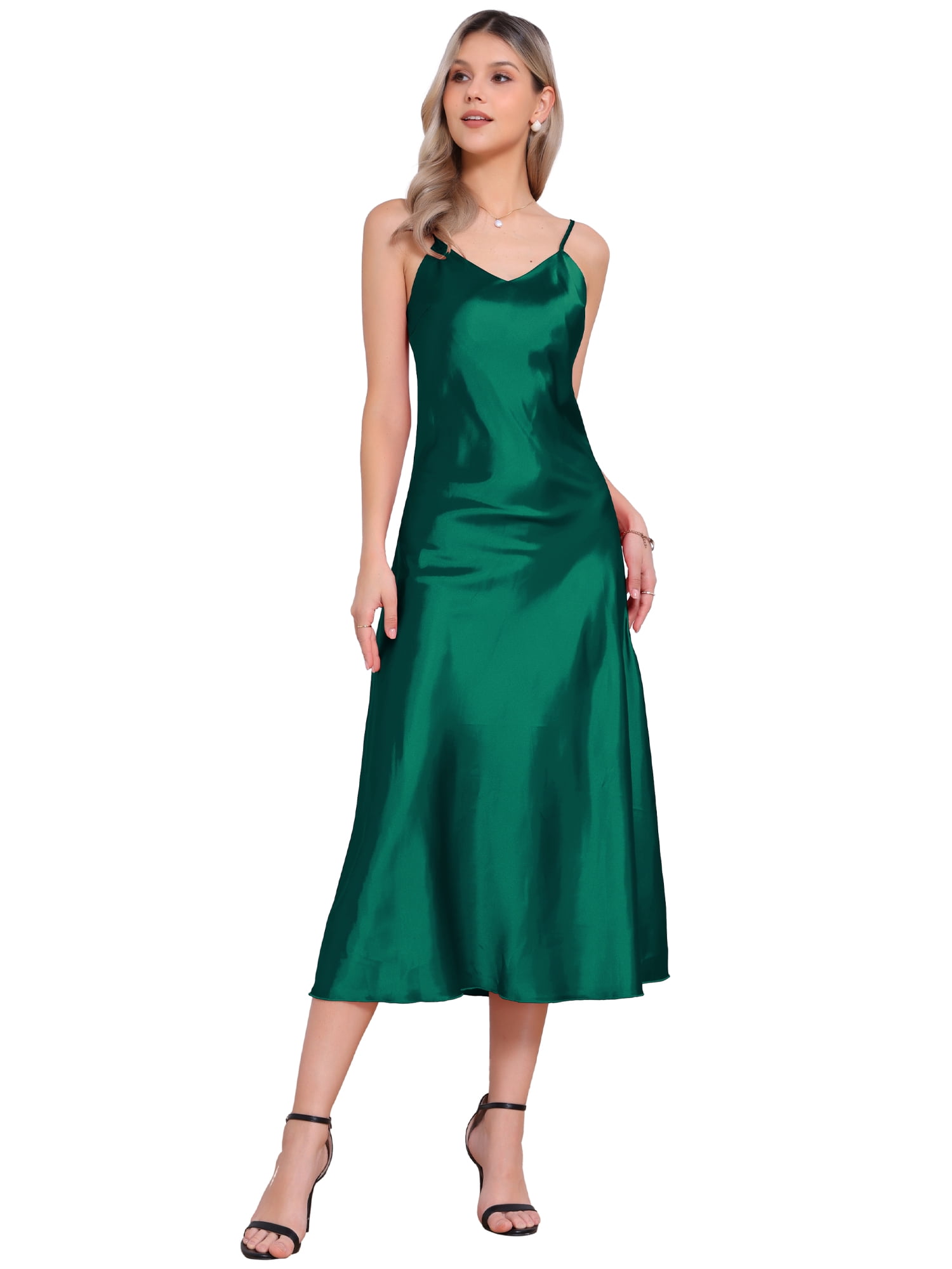 DARING DIVA Satin V Neck Spaghetti Strap Silky Maxi Dress S Green