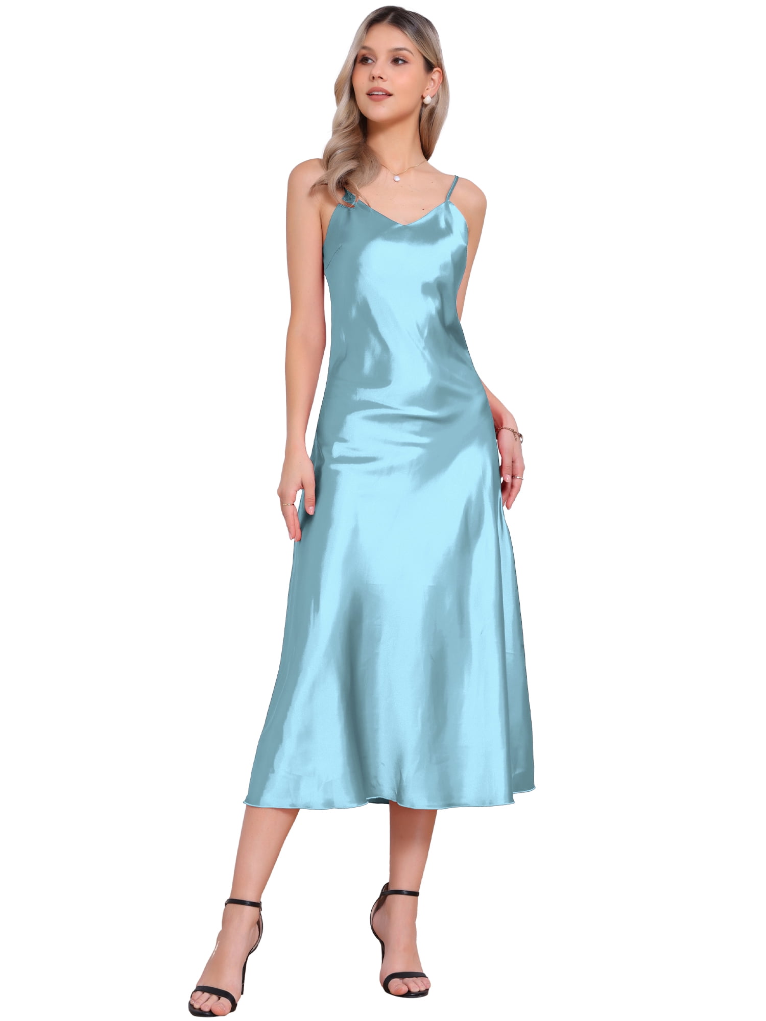 DARING DIVA Satin V Neck Spaghetti Strap Silky Maxi Dress S Light Blue
