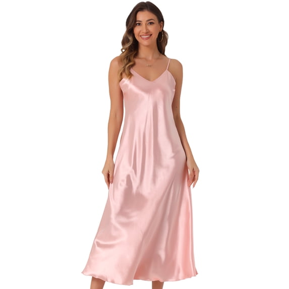 DARING DIVA Satin V Neck Spaghetti Strap Silky Maxi Dress S Pink