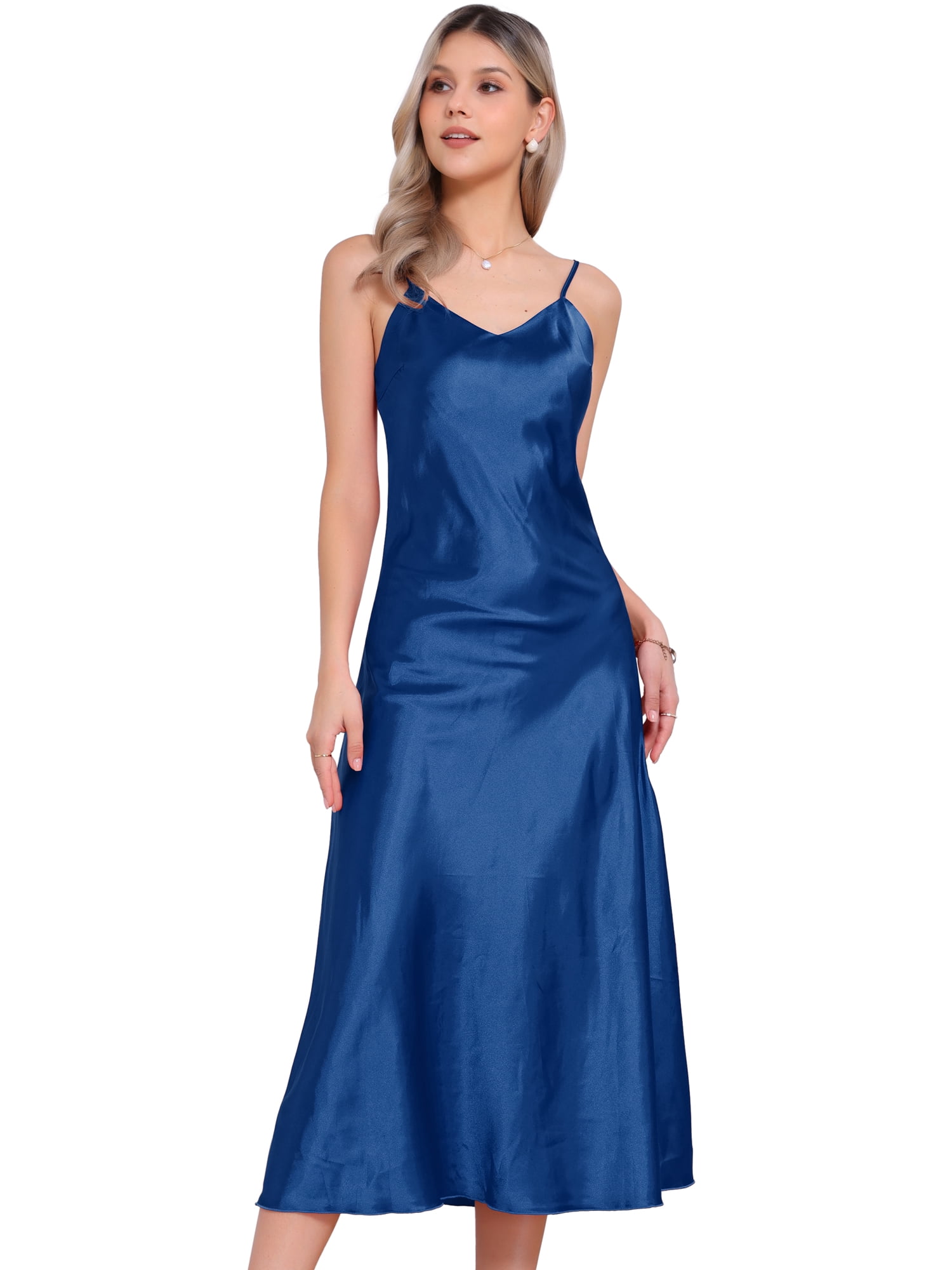 DARING DIVA Satin V Neck Spaghetti Strap Silky Maxi Dress S Royal Blue