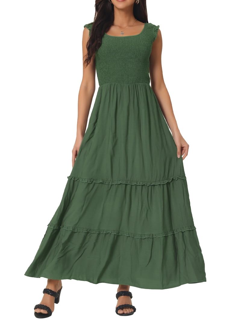 DARING DIVA Scoop Neck Ruffle Tiered Maxi Dress S Army Green - Walmart.com