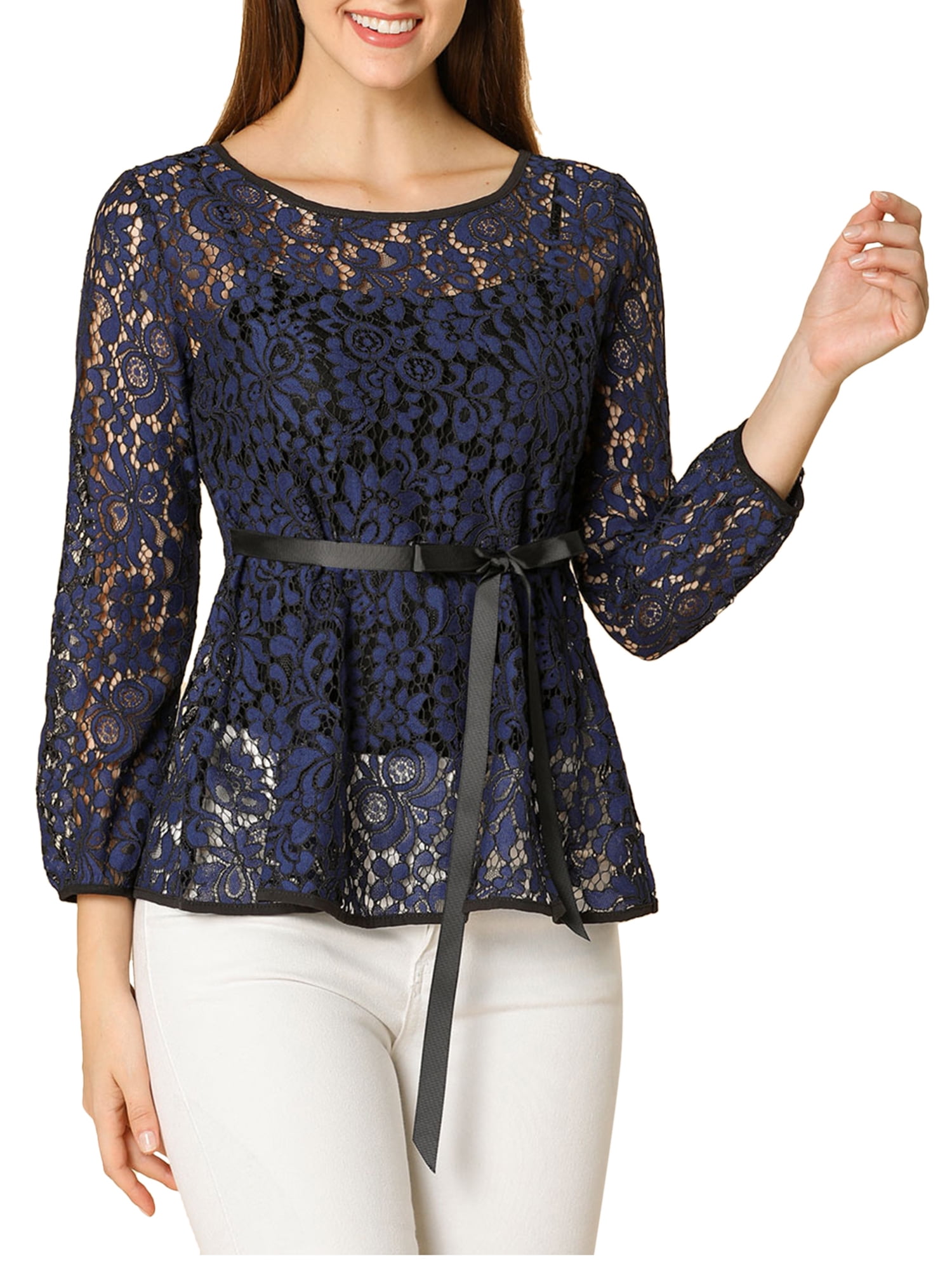 DARING DIVA Self-Tie Waist Semi Sheer Peplum Top L Dark Blue