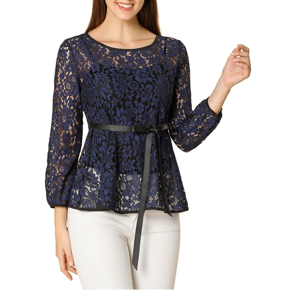 DARING DIVA Self-Tie Waist Semi Sheer Peplum Top M Dark Blue