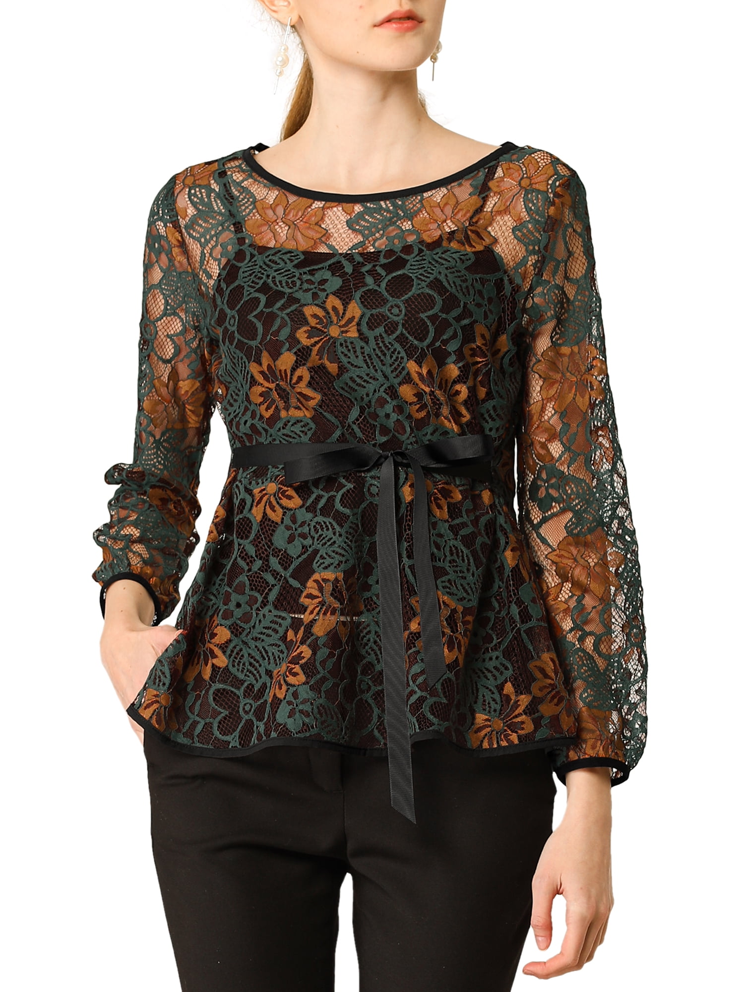 DARING DIVA Self-Tie Waist Semi Sheer Peplum Top M Green
