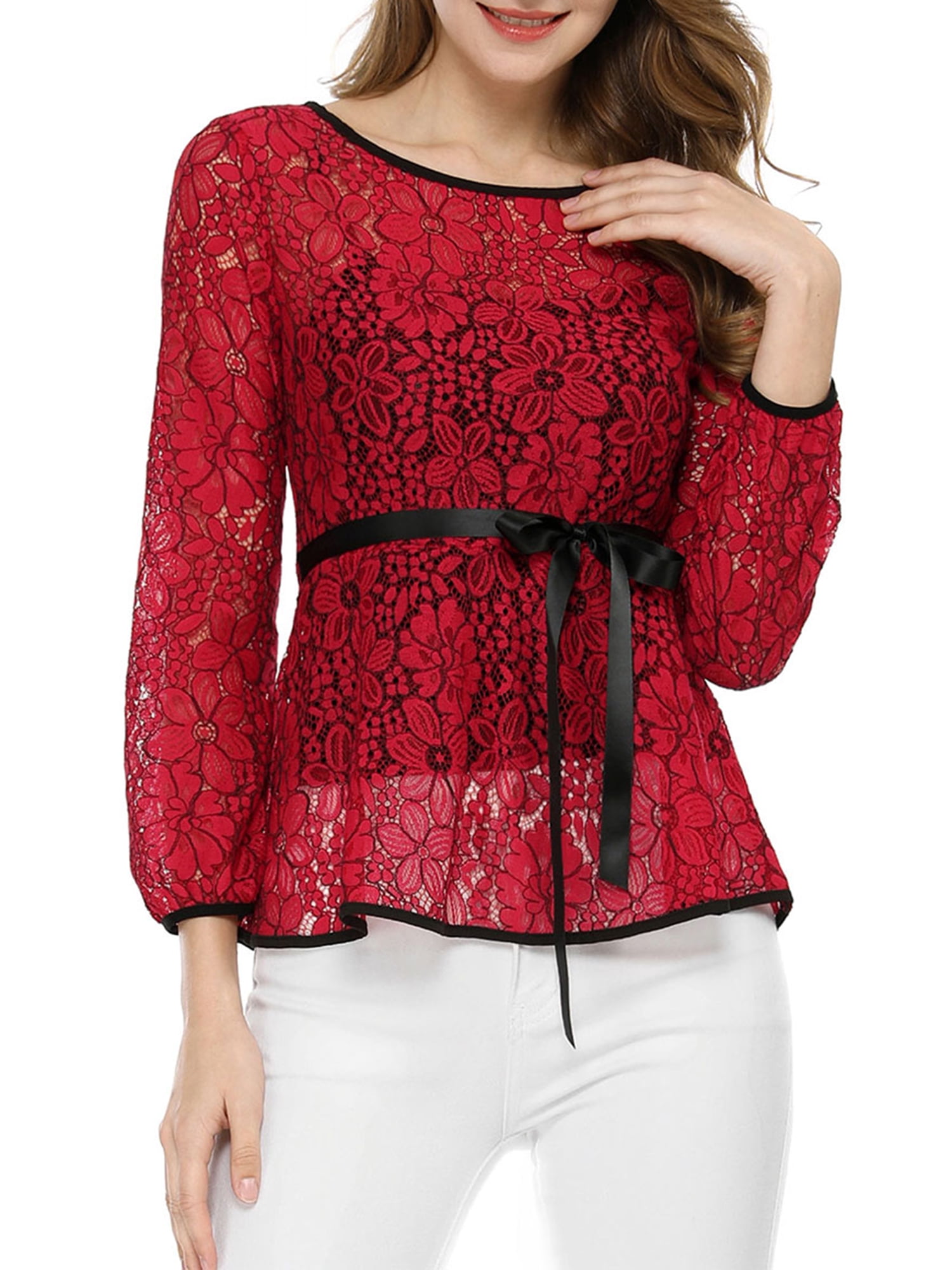DARING DIVA Self-Tie Waist Semi Sheer Peplum Top M Red
