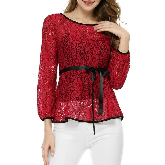 DARING DIVA Self-Tie Waist Semi Sheer Peplum Top M Red