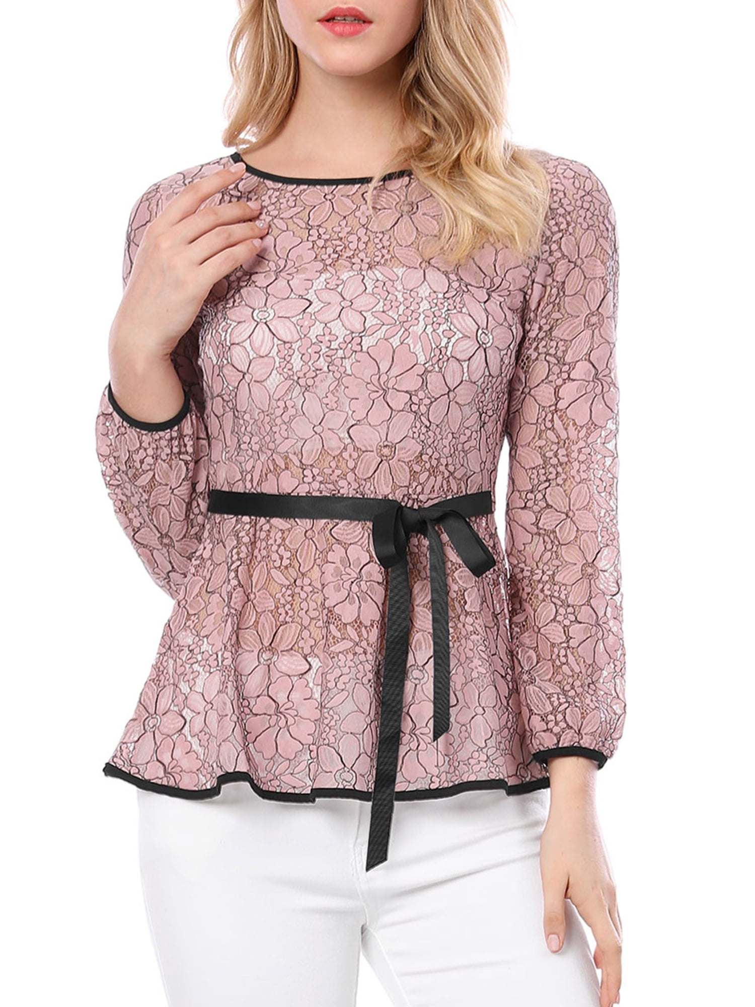 DARING DIVA Self-Tie Waist Semi Sheer Peplum Top S Pink