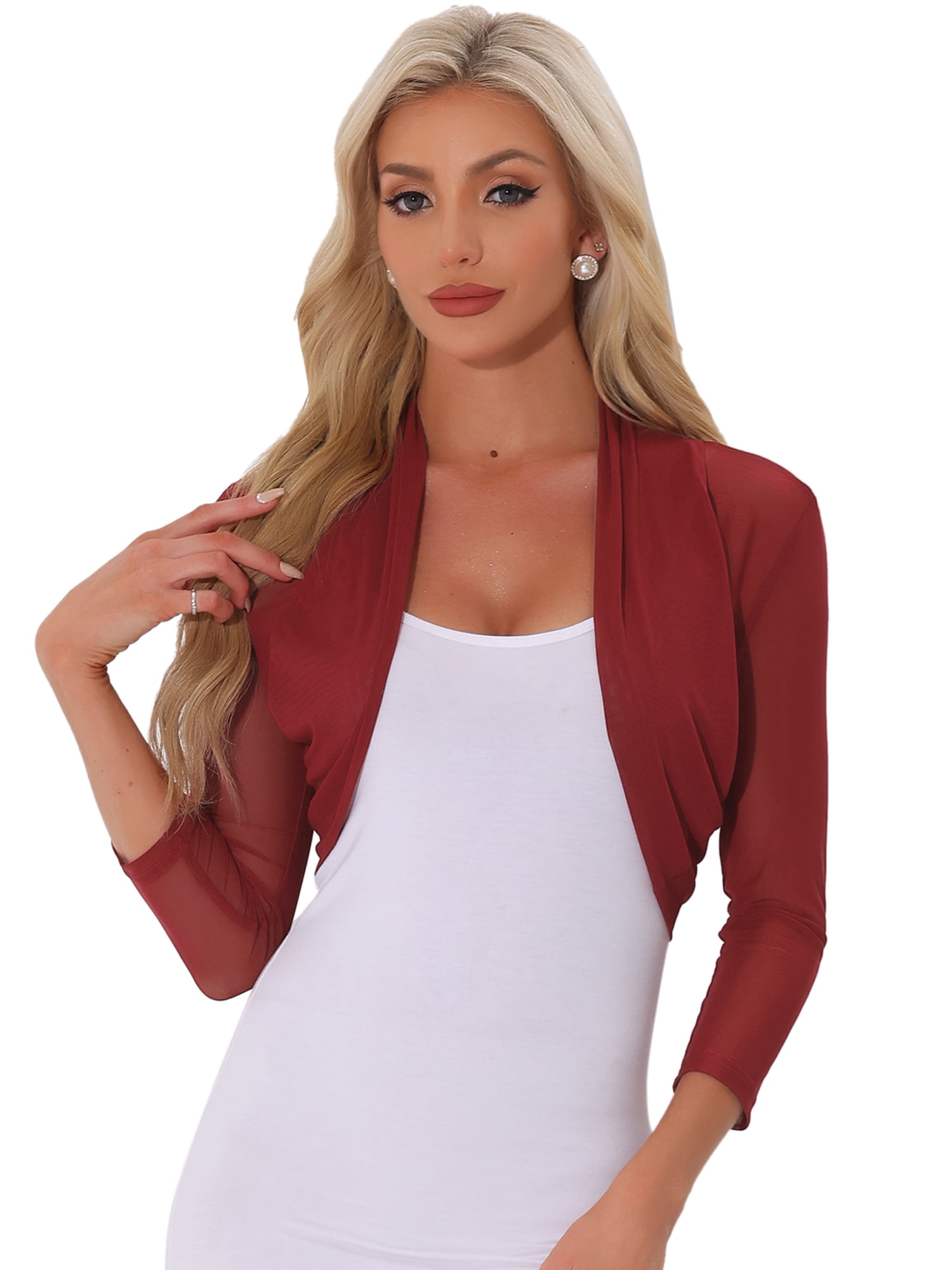 DARING DIVA Semi Sheer Elegant 3/4 Sleeves Blouse M Deep Red