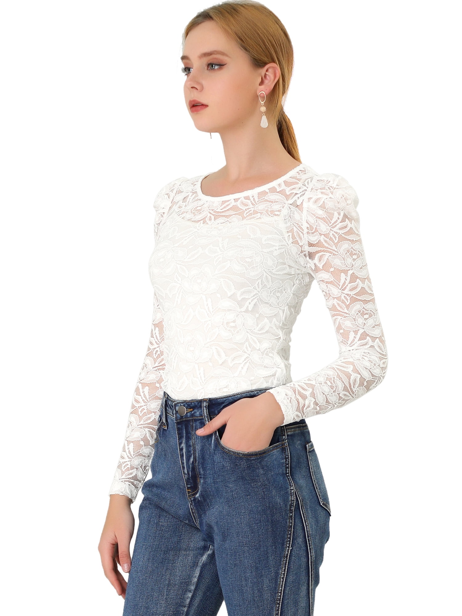 DARING DIVA Semi Sheer Puff Sleeve Vintage Top 3XL White