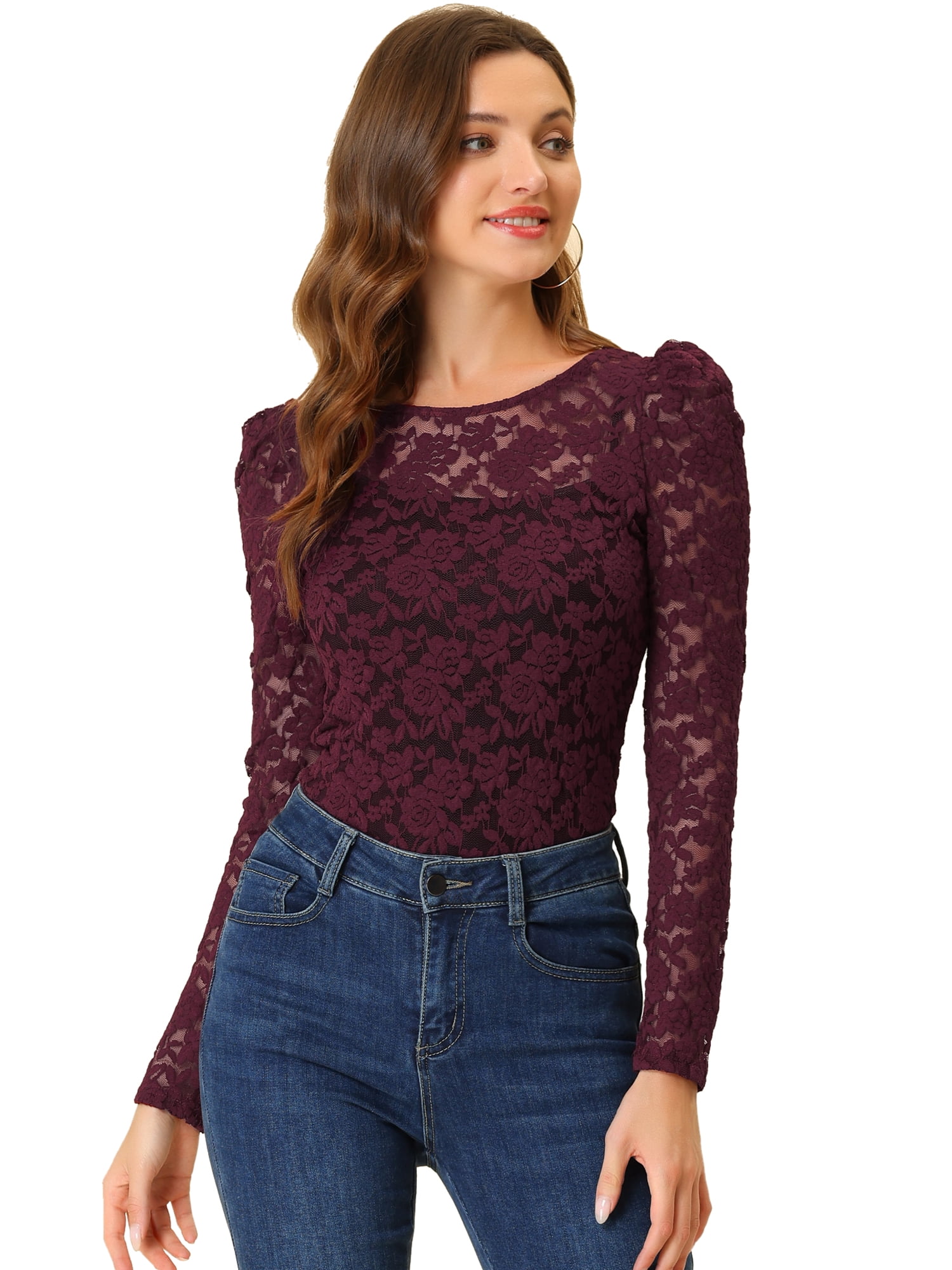 DARING DIVA Semi Sheer Puff Sleeve Vintage Top L Burgundy
