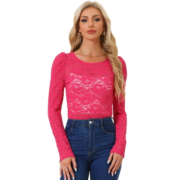 DARING DIVA Semi Sheer Puff Sleeve Vintage Top M Hot Pink