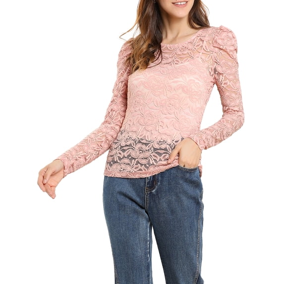 DARING DIVA Semi Sheer Puff Sleeve Vintage Top XL Pink