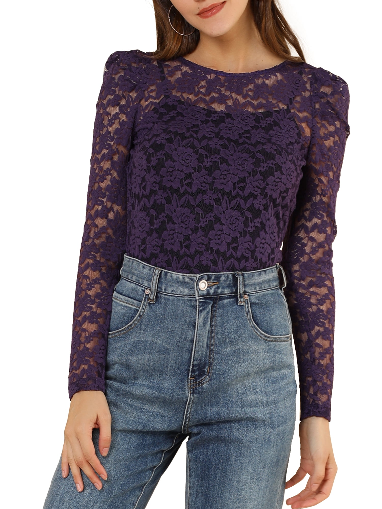 DARING DIVA Semi Sheer Puff Sleeve Vintage Top XL Purple