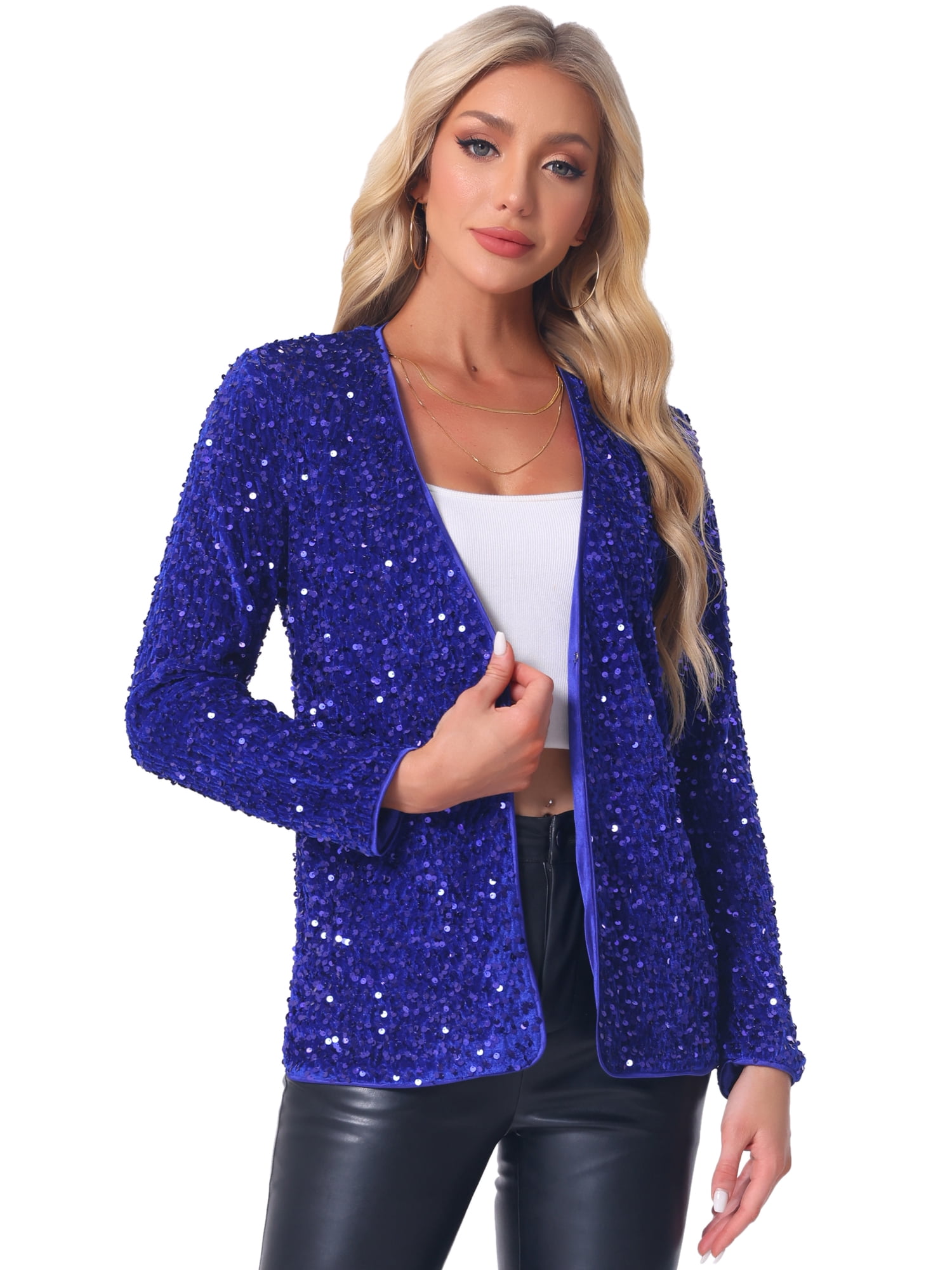 DARING DIVA Sequin Blazer Jacket Sparkly Open Front Cardigan S Blue