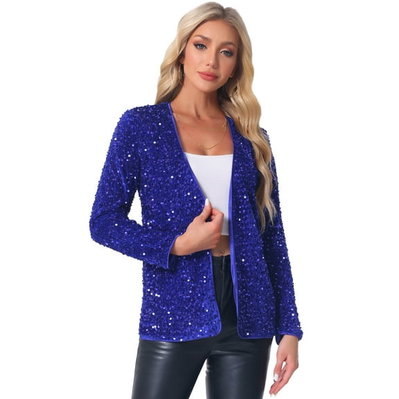 DARING DIVA Sequin Blazer Jacket Sparkly Open Front Cardigan S Blue
