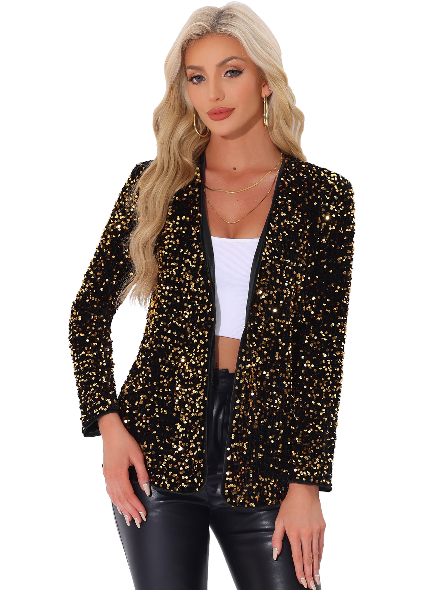 DARING DIVA Sequin Blazer Jacket Sparkly Open Front Cardigan S Gold