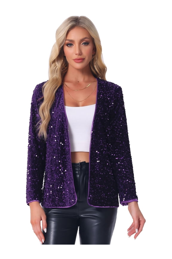 Sequin Blazer Jacket Sparkly Open Front Cardigan S Purple