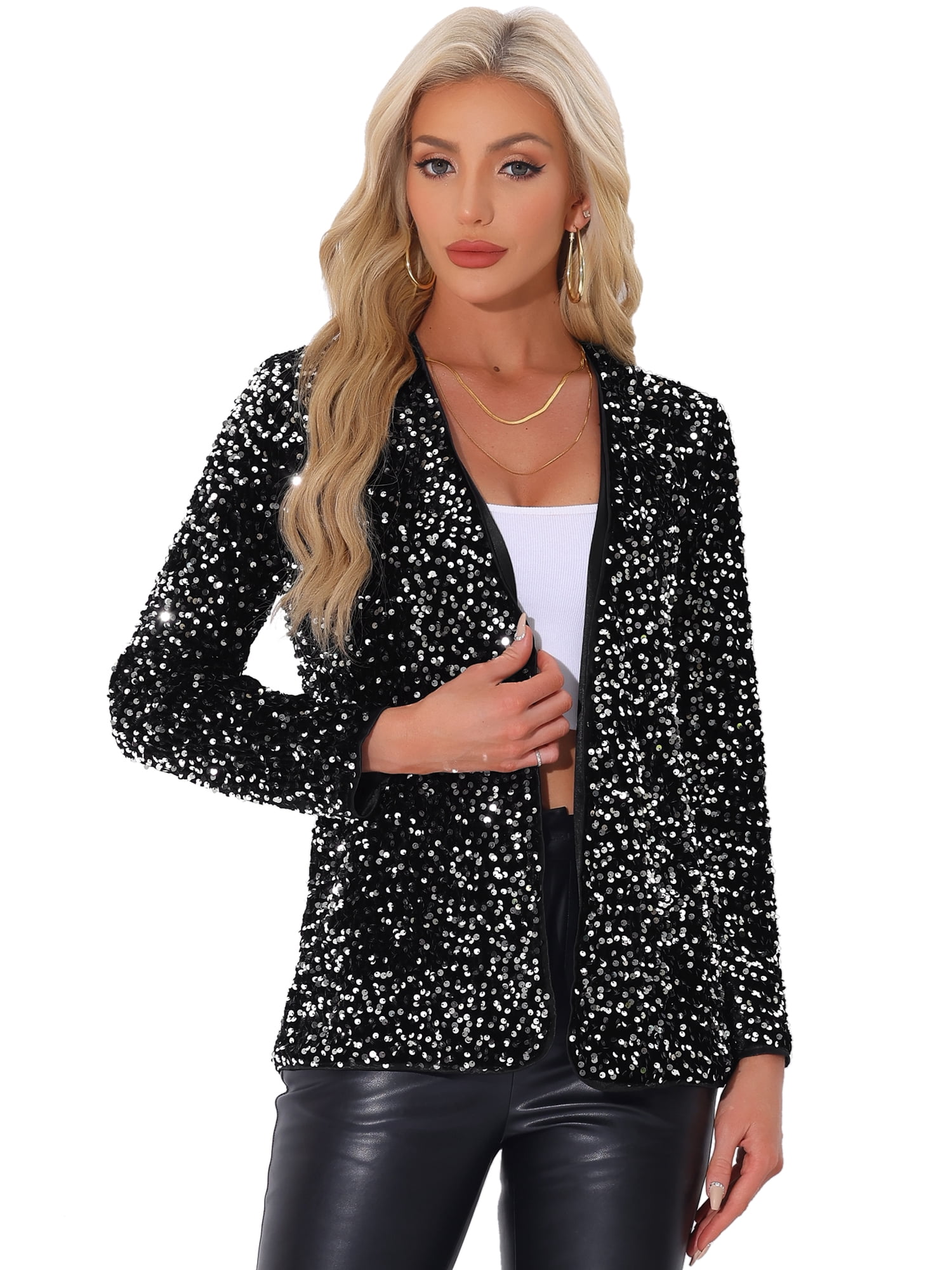DARING DIVA Sequin Blazer Jacket Sparkly Open Front Cardigan XL Silver
