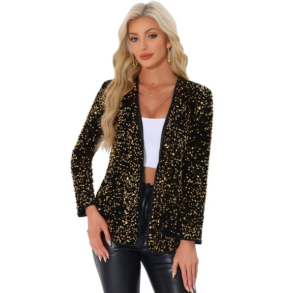 DARING DIVA Sequin Blazer Jacket Sparkly Open Front Cardigan XS Gold