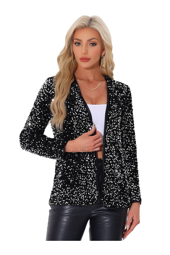 Sequin Blazer Jacket Sparkly Open Front Cardigan XS Silver