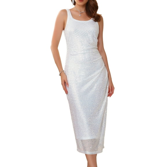 DARING DIVA Sequin Cocktail Sleeveless Backless Midi Bodycon Sparkly Dress XL White