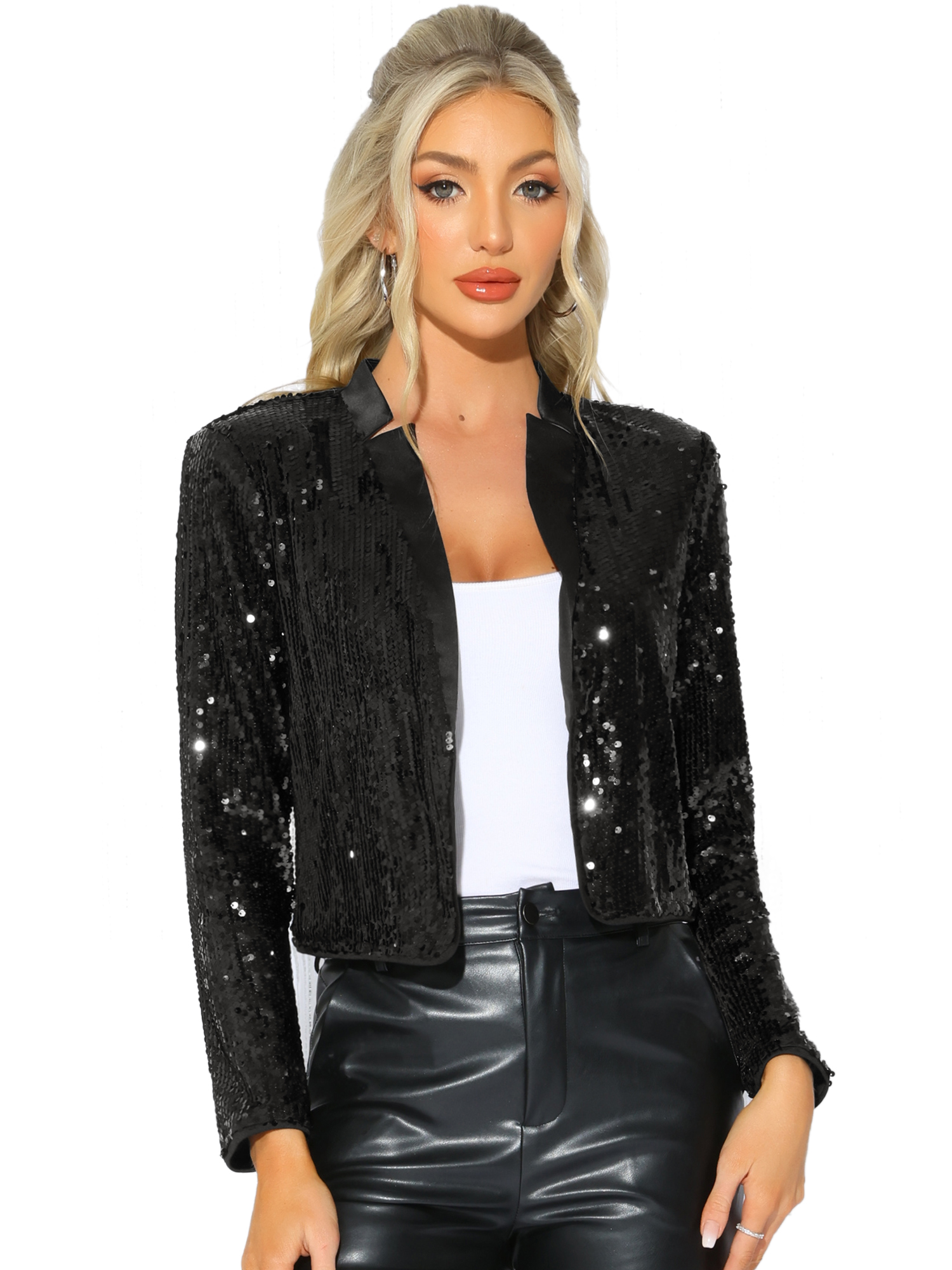 DARING DIVA Womens Sequin Crop Jacket Long Sleeve Open Front Glitter Blazer M Black