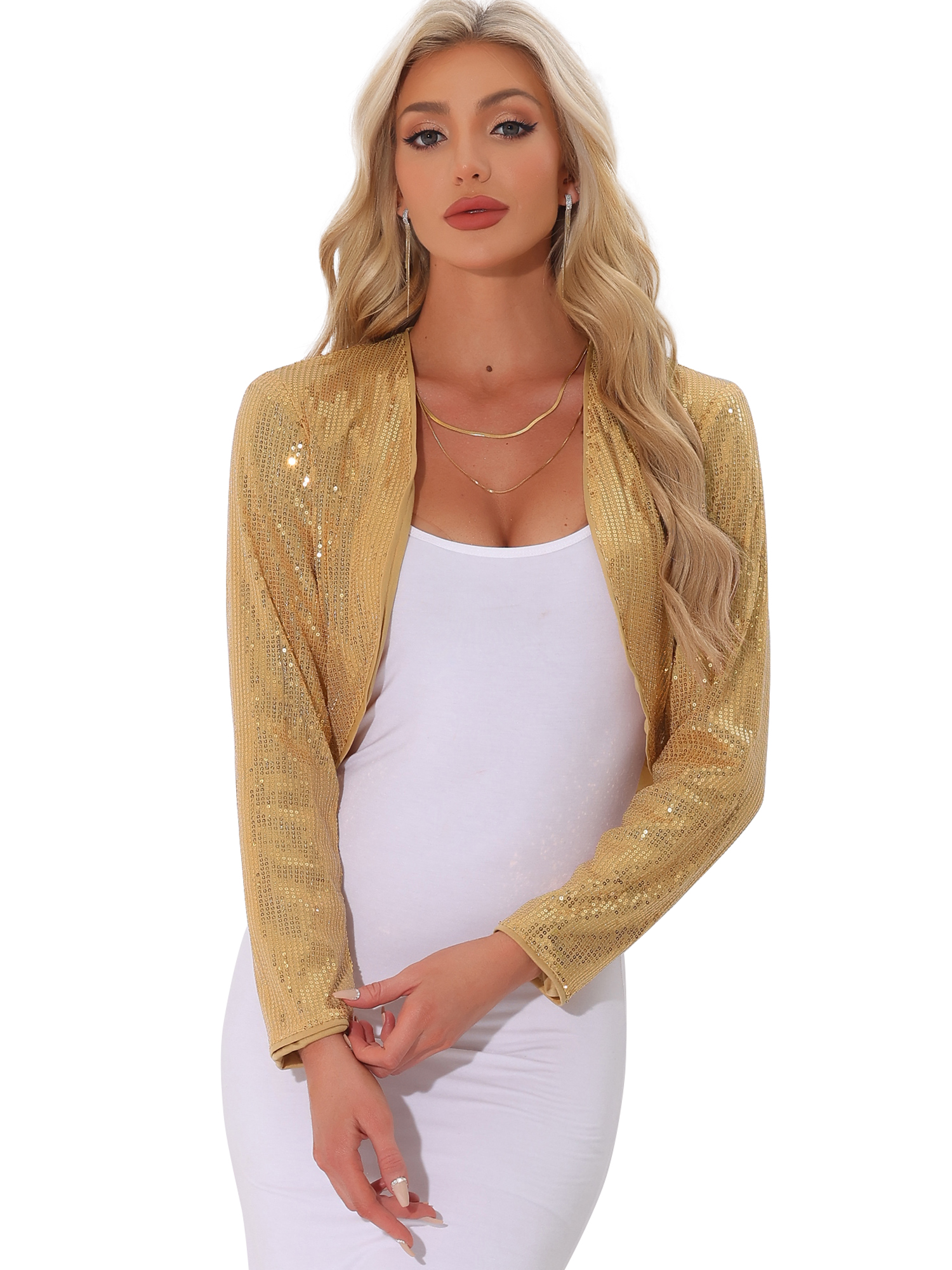 DARING DIVA Sequin Jacket Open Front Cropped Sparkly Bolero Shrugs XL Gold