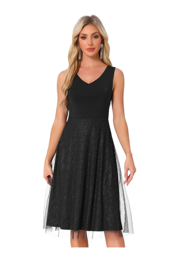 Sequin Lace V Neck Wedding Guest Dress XS Black