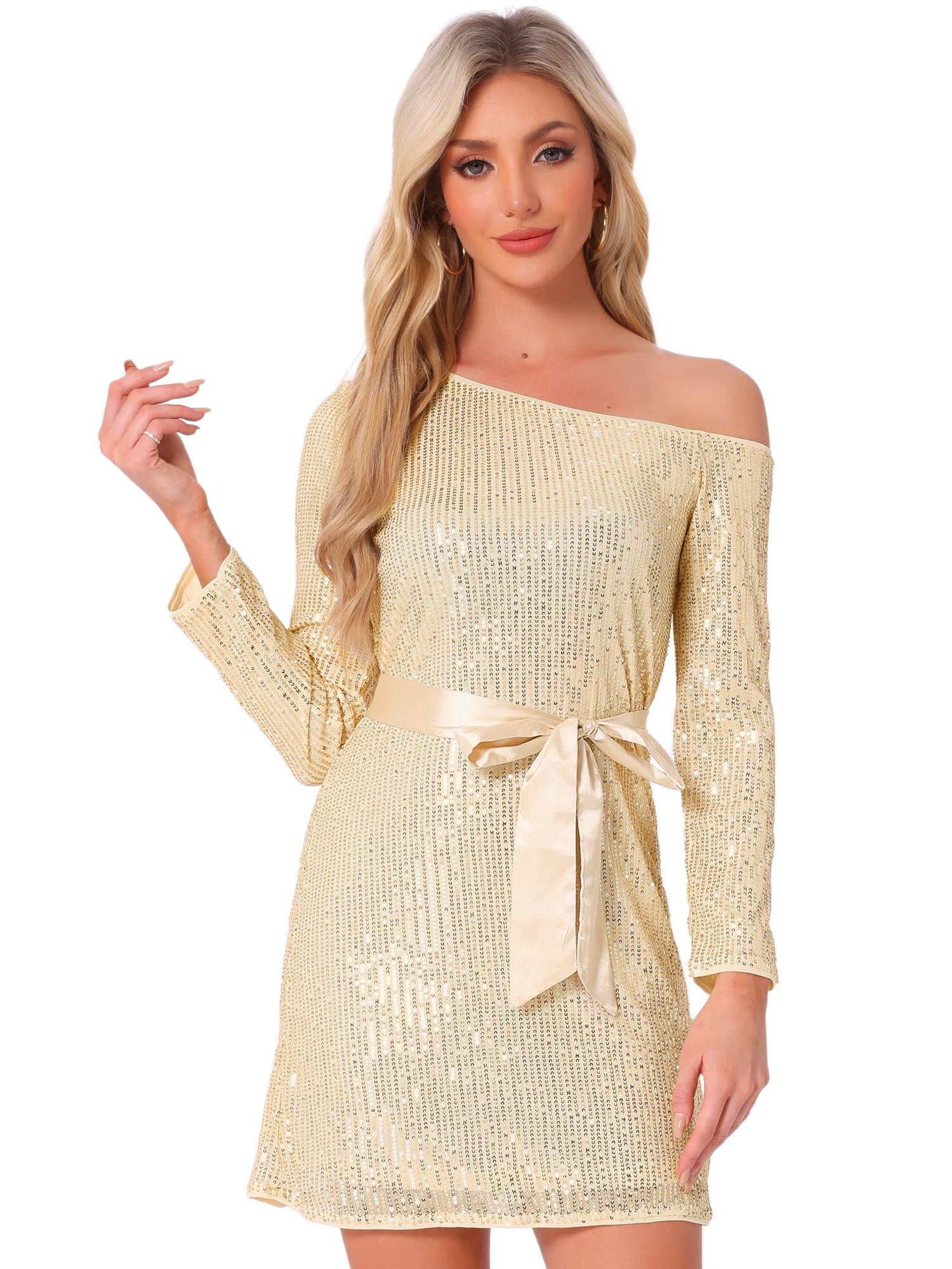 DARING DIVA Sequin Long Sleeve One Shoulder Party Dress M Gold
