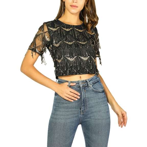 DARING DIVA Sequin Shiny Glitter Crop Top Tassel T-Shirt L Black