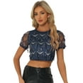 thumbnail image 1 of DARING DIVA Sequin Shiny Glitter Crop Top Tassel T-Shirt M Deep Blue, 1 of 6