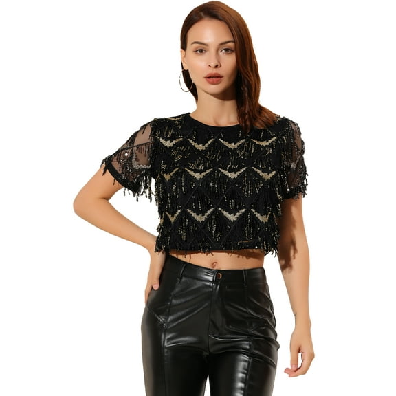 DARING DIVA Sequin Shiny Glitter Crop Top Tassel T-Shirt XS Black