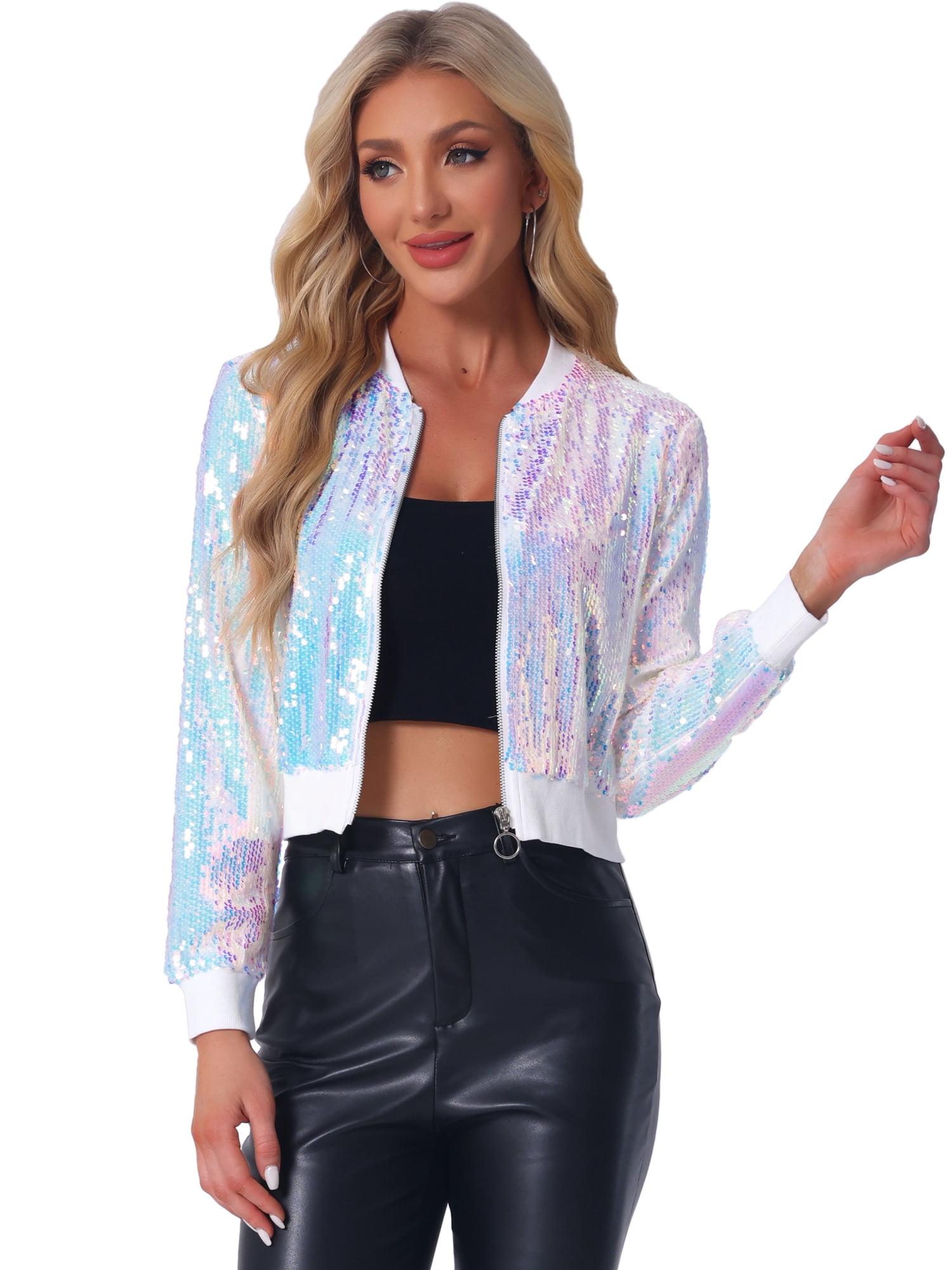 DARING DIVA Sequin Top Long Sleeve Glitter Shiny Shirt Bomber Jacket S Light Pink