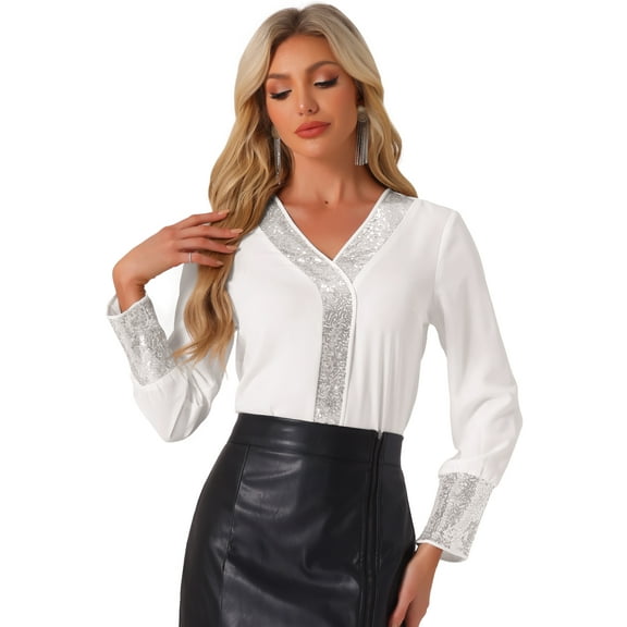 DARING DIVA Sequin V Neck Long Sleeve Casual Blouse M White