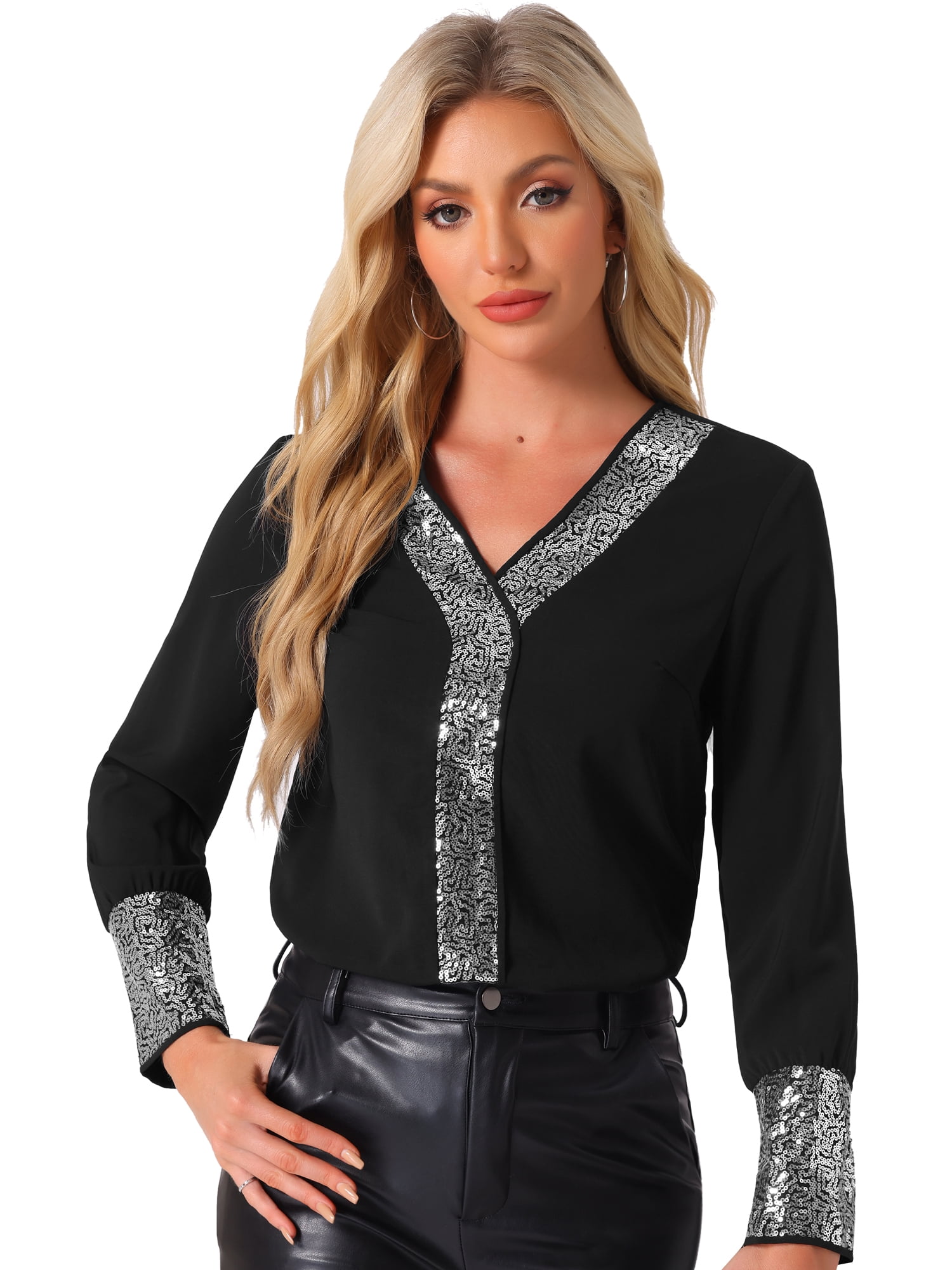 DARING DIVA Women's Sequin V Neck Long Sleeve Lightweight Shirts S Black
