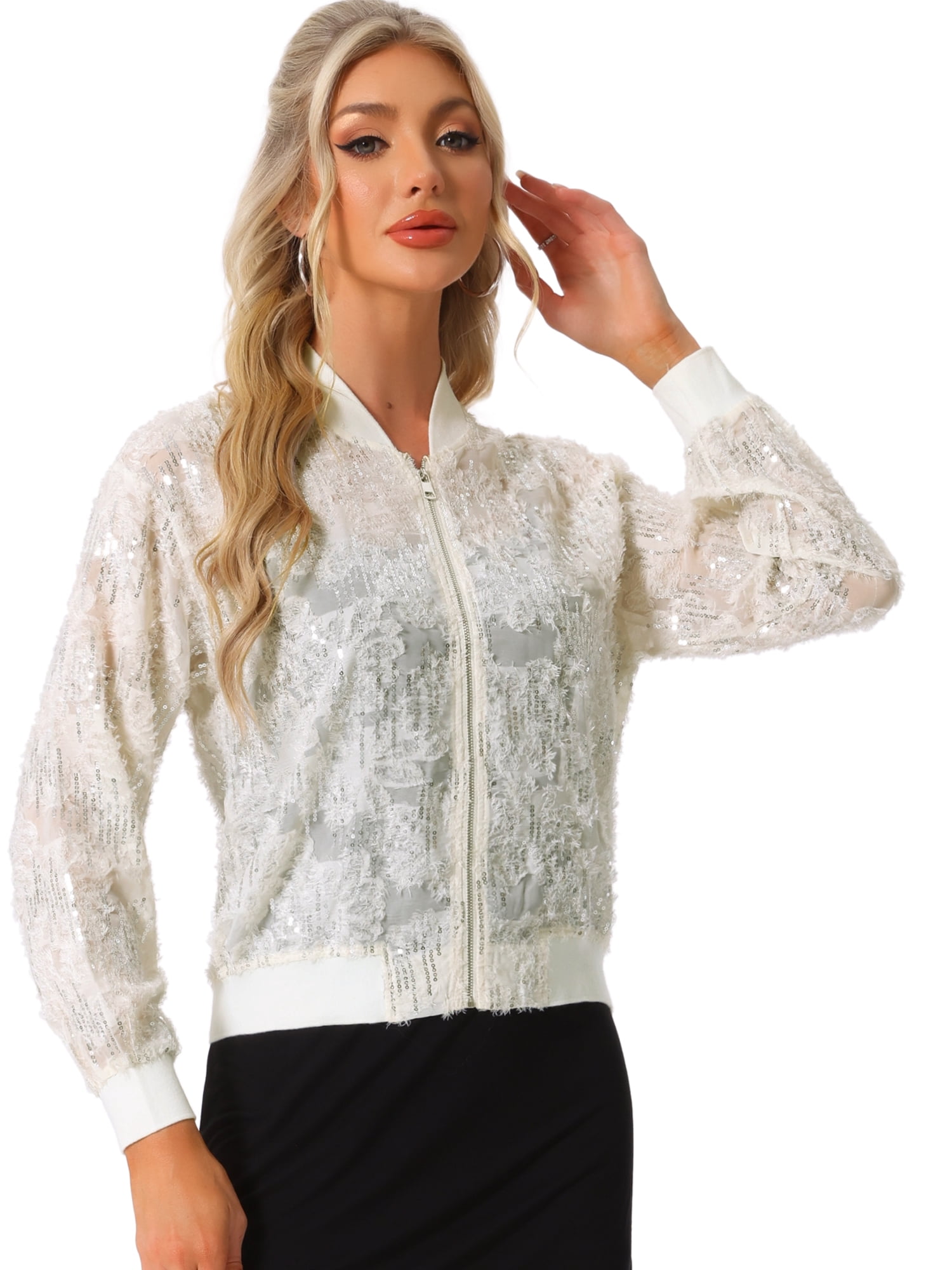 DARING DIVA Sequin Zipper Sparkly Party Bomber Jacket M Light Apricot