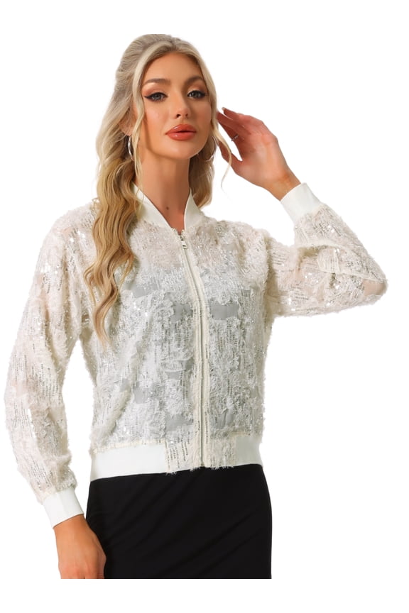 Sequin Zipper Sparkly Party Bomber Jacket M Light Apricot