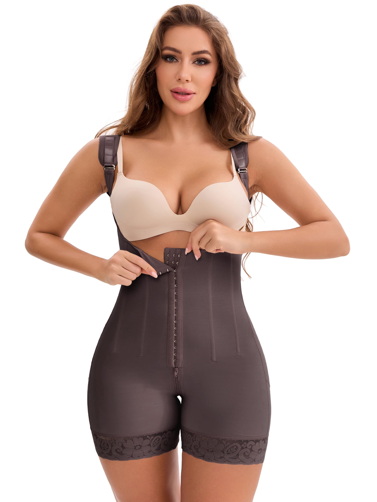 DARING DIVA Shapewear Tummy Control Compression Bodysuit with Zipper Crotch M Purple