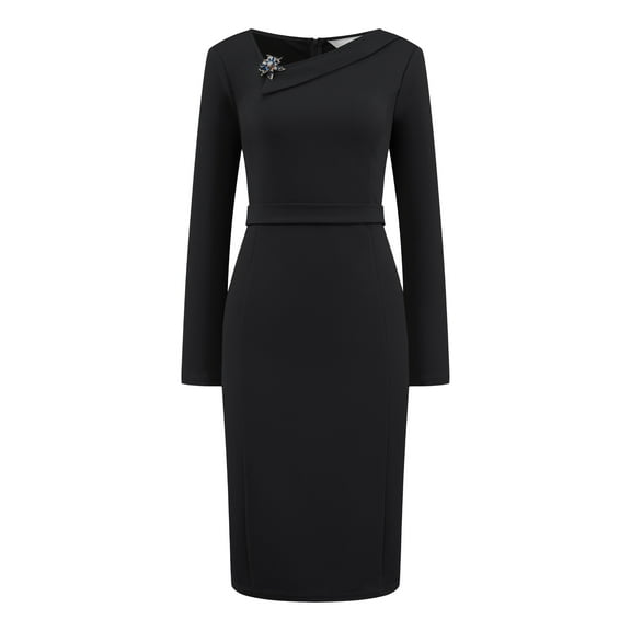 DARING DIVA Sheath Dress Asymmetrical Neckline Pencil Dress L Black