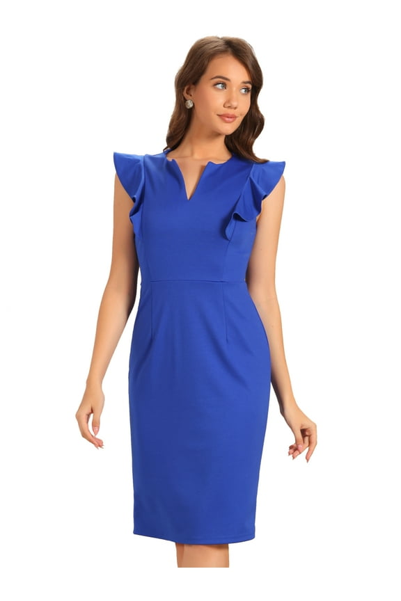 Sheath Ruffles V Neck Split Pencil Blouse XS Royal Blue