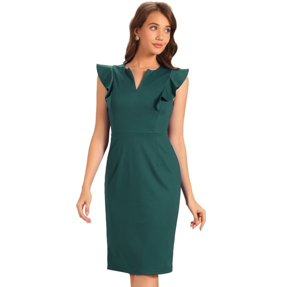 DARING DIVA Sheath Ruffles V Neck Split Work Pencil Dress XL Green