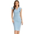 thumbnail image 1 of DARING DIVA Sheath Ruffles V Neck Split Work Pencil Dress XL Light Blue, 1 of 6