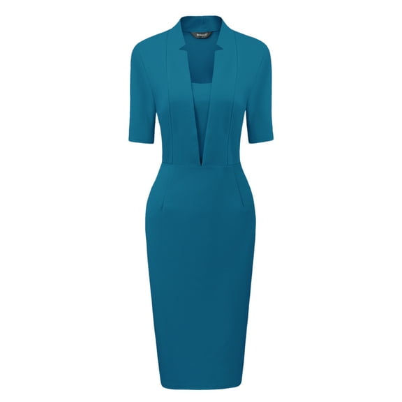 DARING DIVA Sheath V Neck Work Office Bodycon Midi Dresses L Lake Blue