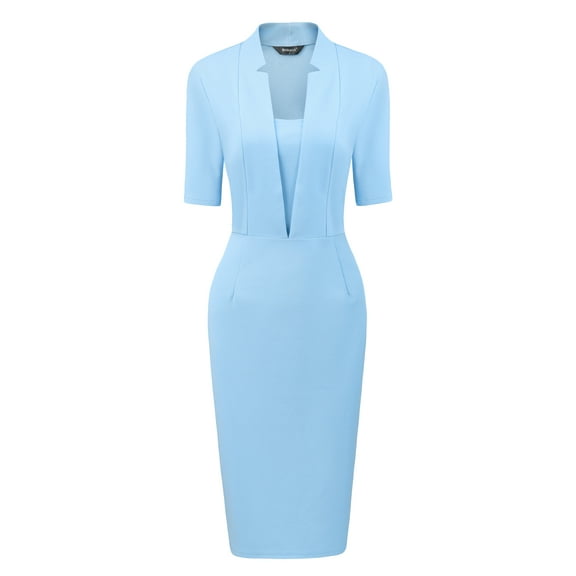 DARING DIVA Sheath V Neck Work Office Bodycon Midi Dresses XL Sky Blue